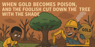 Galamsey Health Effects Ghana 2025 – Deadly Impact on Rivers & Lives Galamsey health effects Ghana 2025 satire illustration with polluted river and bulldozers.