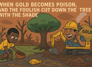 Galamsey Health Effects Ghana 2025 – Deadly Impact on Rivers & Lives Galamsey health effects Ghana 2025 satire illustration with polluted river and bulldozers.