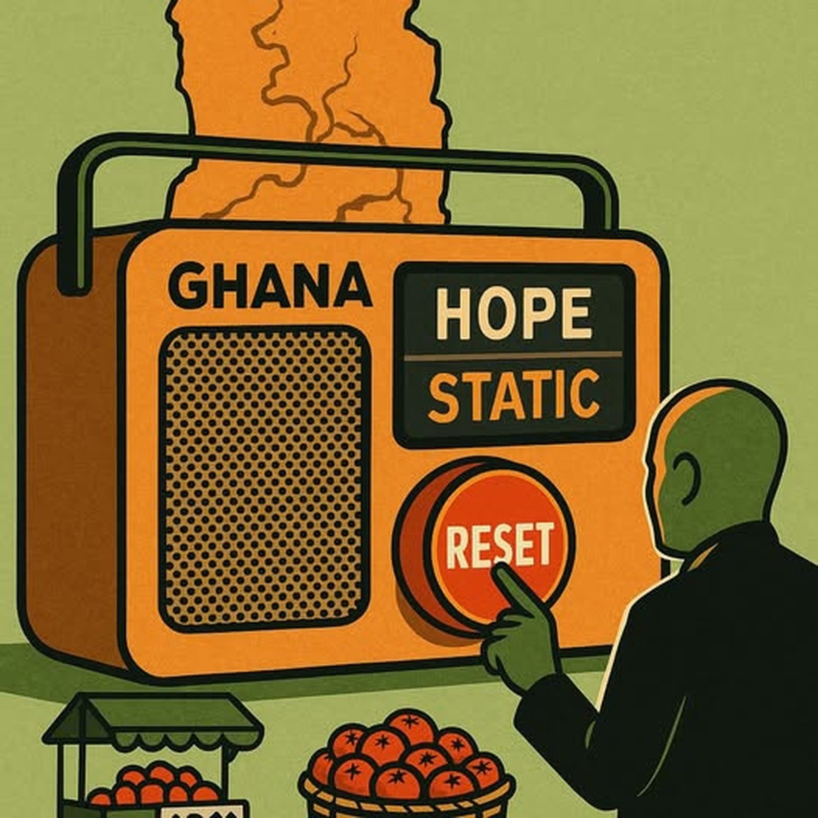 Reset Ghana satire cartoon: radio labeled Ghana with big RESET button, flickering HOPE and STATIC
