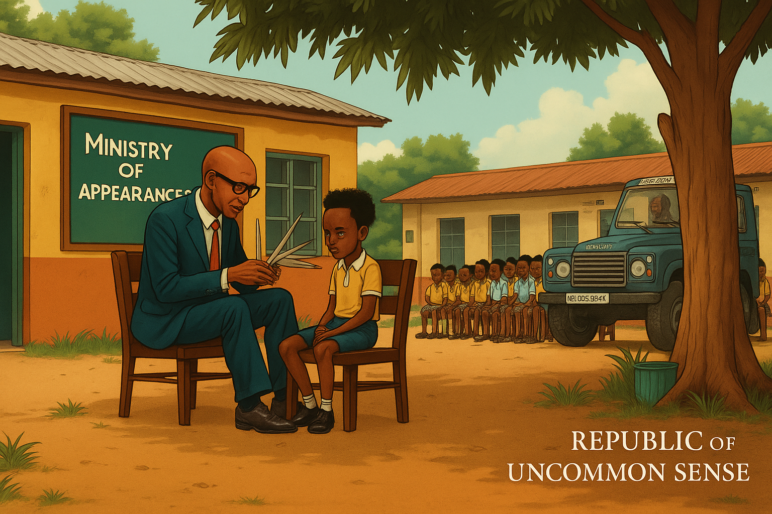 Satirical cartoon of the Ghana school hair policy at the Ministry of Appearances