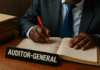 The Auditor’s Diary: Ghana’s Annual Bedtime Story (Now with a Fast-Track Plot Twist) Photorealistic scene of Ghana’s Auditor-General writing in a ledger with a red pen beside piles of dusty audit files, symbolizing accountability, corruption, and bureaucracy in the Republic of Uncommon Sense