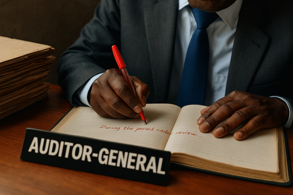 Photorealistic scene of Ghana’s Auditor-General writing in a ledger with a red pen beside piles of dusty audit files, symbolizing accountability, corruption, and bureaucracy in the Republic of Uncommon Sense