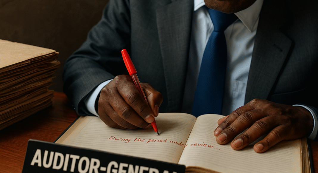Photorealistic scene of Ghana’s Auditor-General writing in a ledger with a red pen beside piles of dusty audit files, symbolizing accountability, corruption, and bureaucracy in the Republic of Uncommon Sense