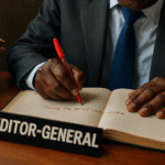 Photorealistic scene of Ghana’s Auditor-General writing in a ledger with a red pen beside piles of dusty audit files, symbolizing accountability, corruption, and bureaucracy in the Republic of Uncommon Sense