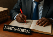 The Auditor’s Diary: Ghana’s Annual Bedtime Story (Now with a Fast-Track Plot Twist) Photorealistic scene of Ghana’s Auditor-General writing in a ledger with a red pen beside piles of dusty audit files, symbolizing accountability, corruption, and bureaucracy in the Republic of Uncommon Sense