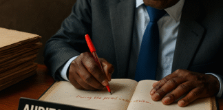 The Auditor’s Diary: Ghana’s Annual Bedtime Story (Now with a Fast-Track Plot Twist) Photorealistic scene of Ghana’s Auditor-General writing in a ledger with a red pen beside piles of dusty audit files, symbolizing accountability, corruption, and bureaucracy in the Republic of Uncommon Sense