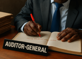 The Auditor’s Diary: Ghana’s Annual Bedtime Story (Now with a Fast-Track Plot Twist) Photorealistic scene of Ghana’s Auditor-General writing in a ledger with a red pen beside piles of dusty audit files, symbolizing accountability, corruption, and bureaucracy in the Republic of Uncommon Sense