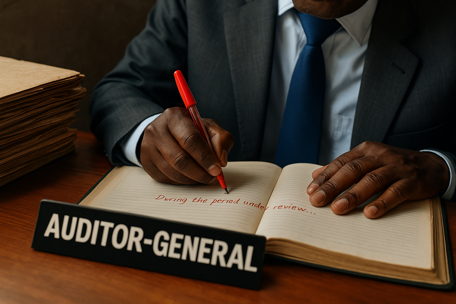 Ghana audit report satire — Auditor-General writing in red ink beside dusty files.