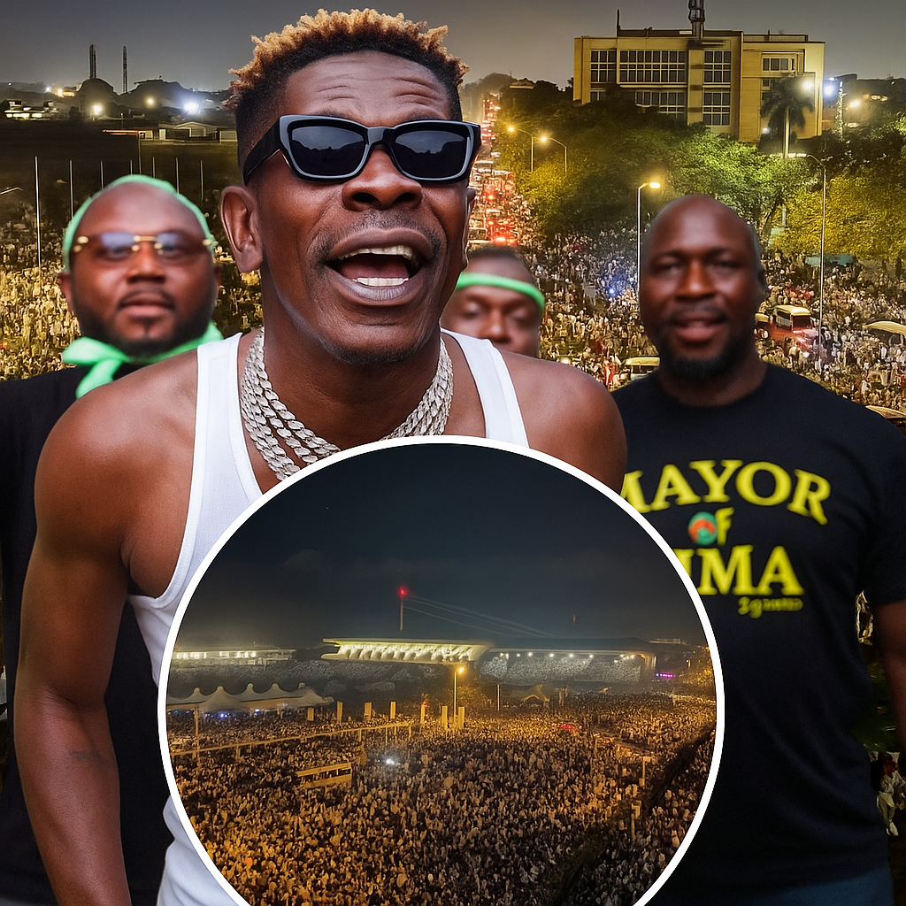 Shatta Wale performing before a massive crowd at his Free Concert 2025 in Accra, Ghana
