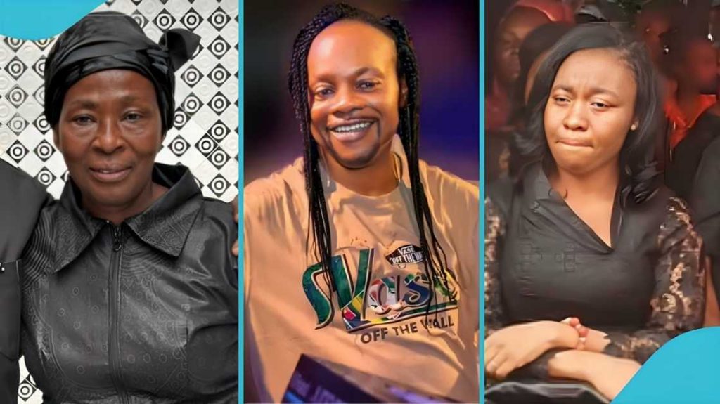Daddy Lumba widow lawsuit satire illustration showing courtroom drama and microphones at a Ghanaian Highlife legend’s funeral