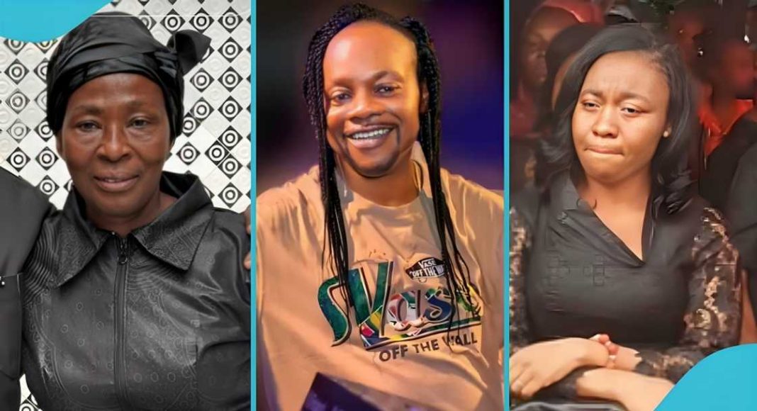 Daddy Lumba widow lawsuit satire illustration showing courtroom drama and microphones at a Ghanaian Highlife legend’s funeral
