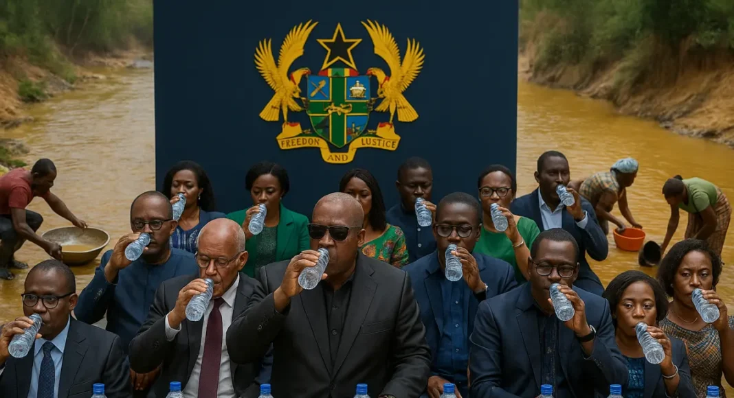 Ghanaian leaders drinking bottled water in front of a polluted river — a satirical depiction of bottled water governance and galamsey irony.