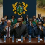 Ghanaian leaders drinking bottled water in front of a polluted river — a satirical depiction of bottled water governance and galamsey irony.