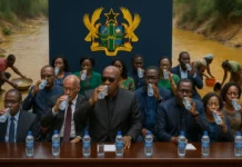 The Image That Broke Ghana’s Heart: Bottled Water, Galamsey, and the Death of Our Rivers Ghanaian leaders drinking bottled water in front of a polluted river — a satirical depiction of bottled water governance and galamsey irony.