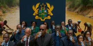 The Image That Broke Ghana’s Heart: Bottled Water, Galamsey, and the Death of Our Rivers Ghanaian leaders drinking bottled water in front of a polluted river — a satirical depiction of bottled water governance and galamsey irony.