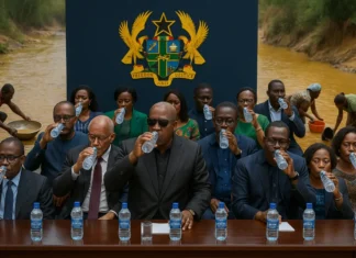Ghanaian leaders drinking bottled water in front of a polluted river — a satirical depiction of bottled water governance and galamsey irony.