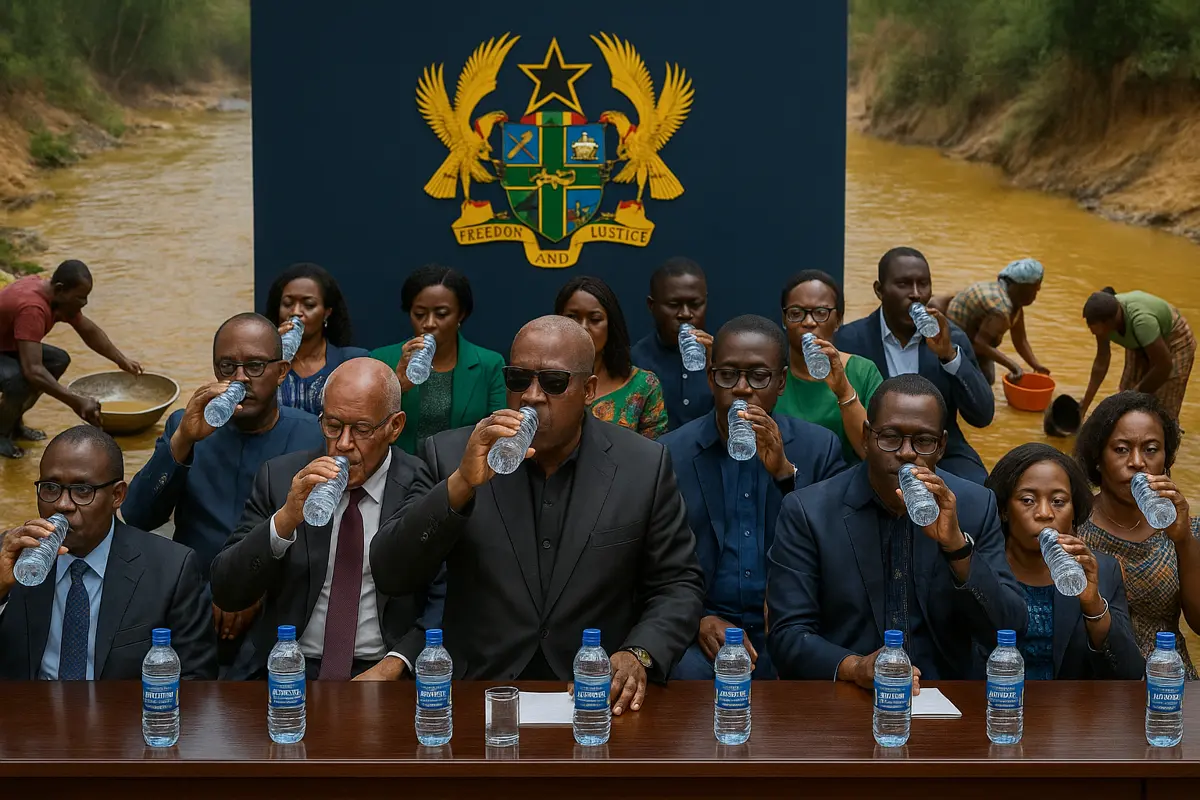 Bottled Water Governance Ghana on display: leaders drink clean water as a polluted river flows behind.