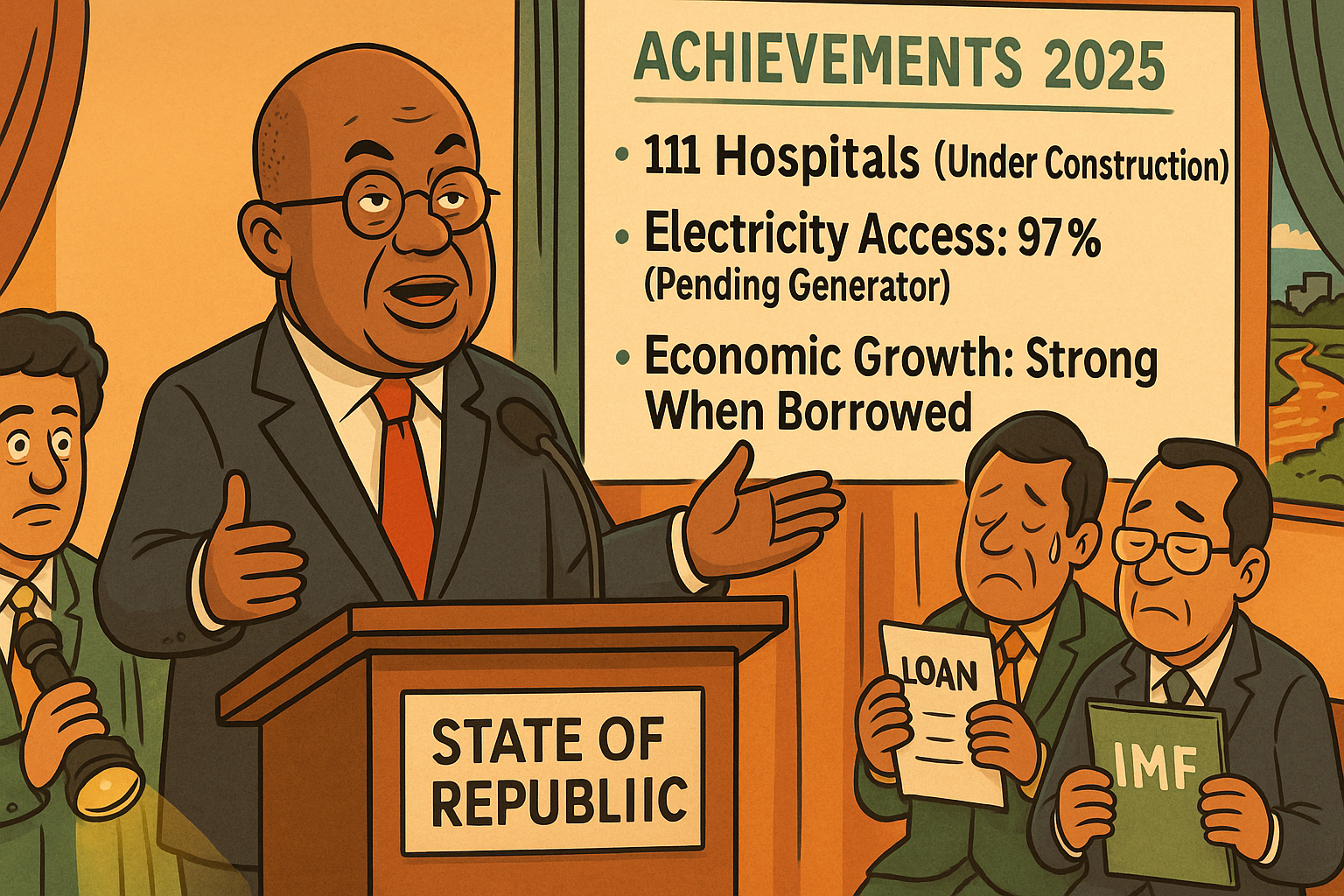Satirical illustration of a showman-style Ghanaian president gesturing during a speech under flickering lights, representing political theatrics.