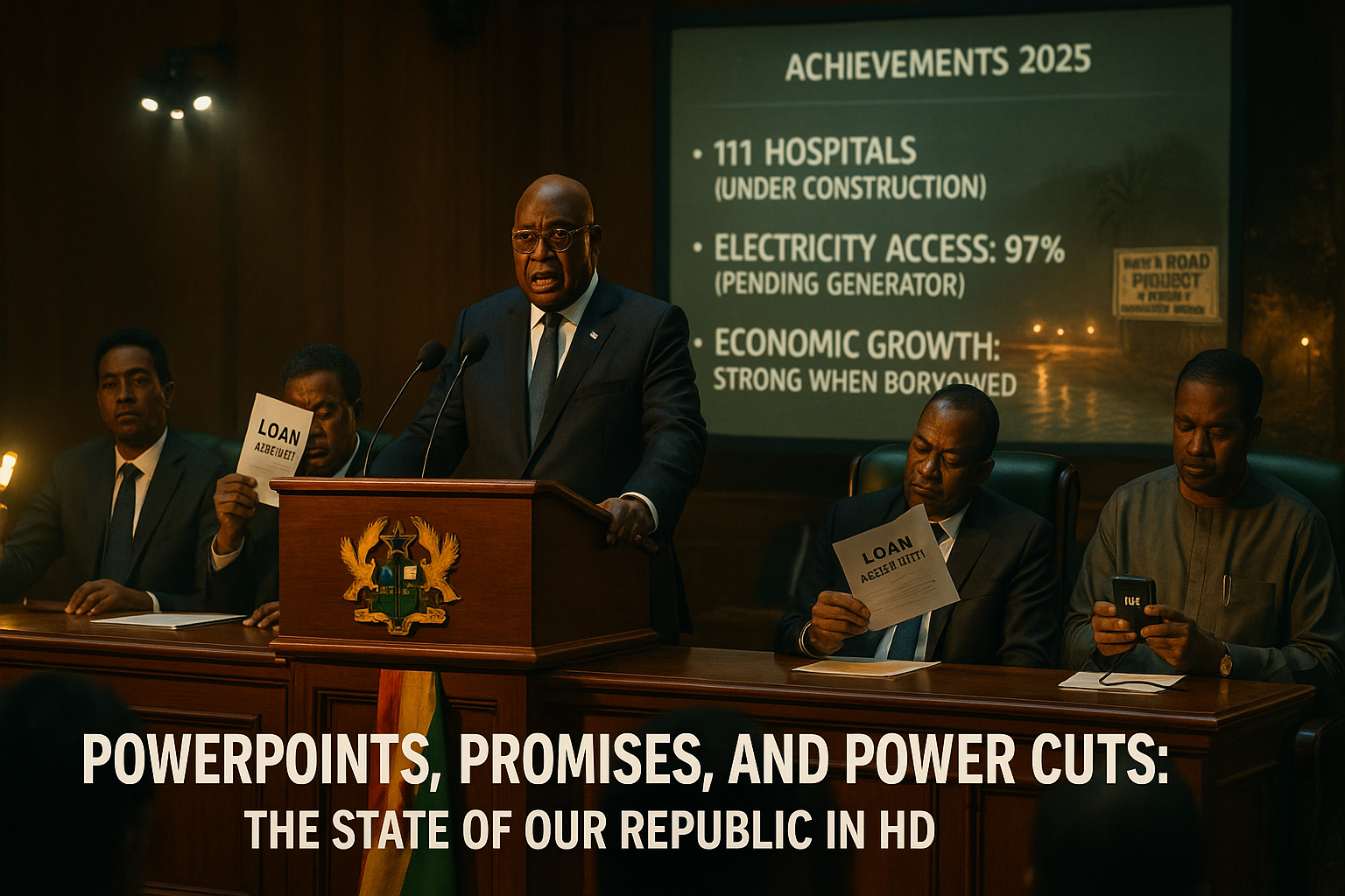 Former Ghanaian President Nana Akufo-Addo delivering a national address at a podium, portrayed in a satirical context about political promises, PowerPoints, and power cuts in Ghana.