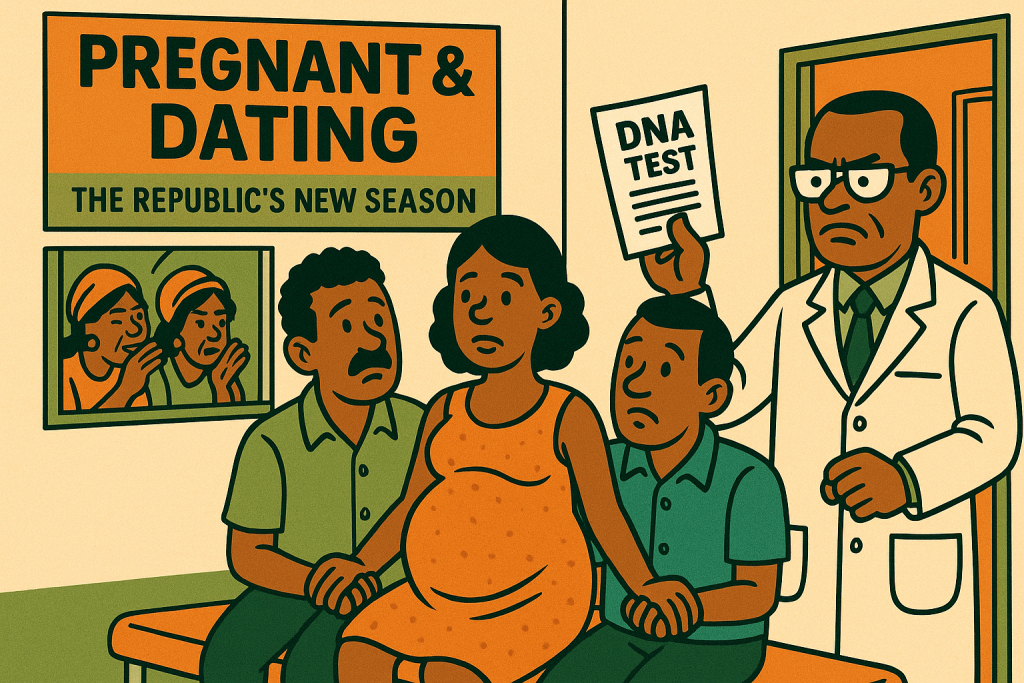 Satirical maternity-ward scene: a lab technician waves a DNA test like a red card while a pregnant woman stands between two puzzled men; gossiping aunties peer in; billboard reads “Pregnant & Dating