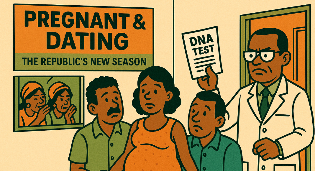 Satirical maternity-ward scene: a lab technician waves a DNA test like a red card while a pregnant woman stands between two puzzled men; gossiping aunties peer in; billboard reads “Pregnant & Dating
