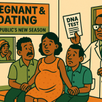 Satirical maternity-ward scene: a lab technician waves a DNA test like a red card while a pregnant woman stands between two puzzled men; gossiping aunties peer in; billboard reads “Pregnant & Dating