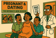 Pregnant and Dating in Ghana — The Republic’s New Season of DNA Dramas Satirical maternity-ward scene: a lab technician waves a DNA test like a red card while a pregnant woman stands between two puzzled men; gossiping aunties peer in; billboard reads “Pregnant & Dating