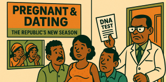 Pregnant and Dating in Ghana — The Republic’s New Season of DNA Dramas Satirical maternity-ward scene: a lab technician waves a DNA test like a red card while a pregnant woman stands between two puzzled men; gossiping aunties peer in; billboard reads “Pregnant & Dating