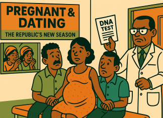 Satirical maternity-ward scene: a lab technician waves a DNA test like a red card while a pregnant woman stands between two puzzled men; gossiping aunties peer in; billboard reads “Pregnant & Dating