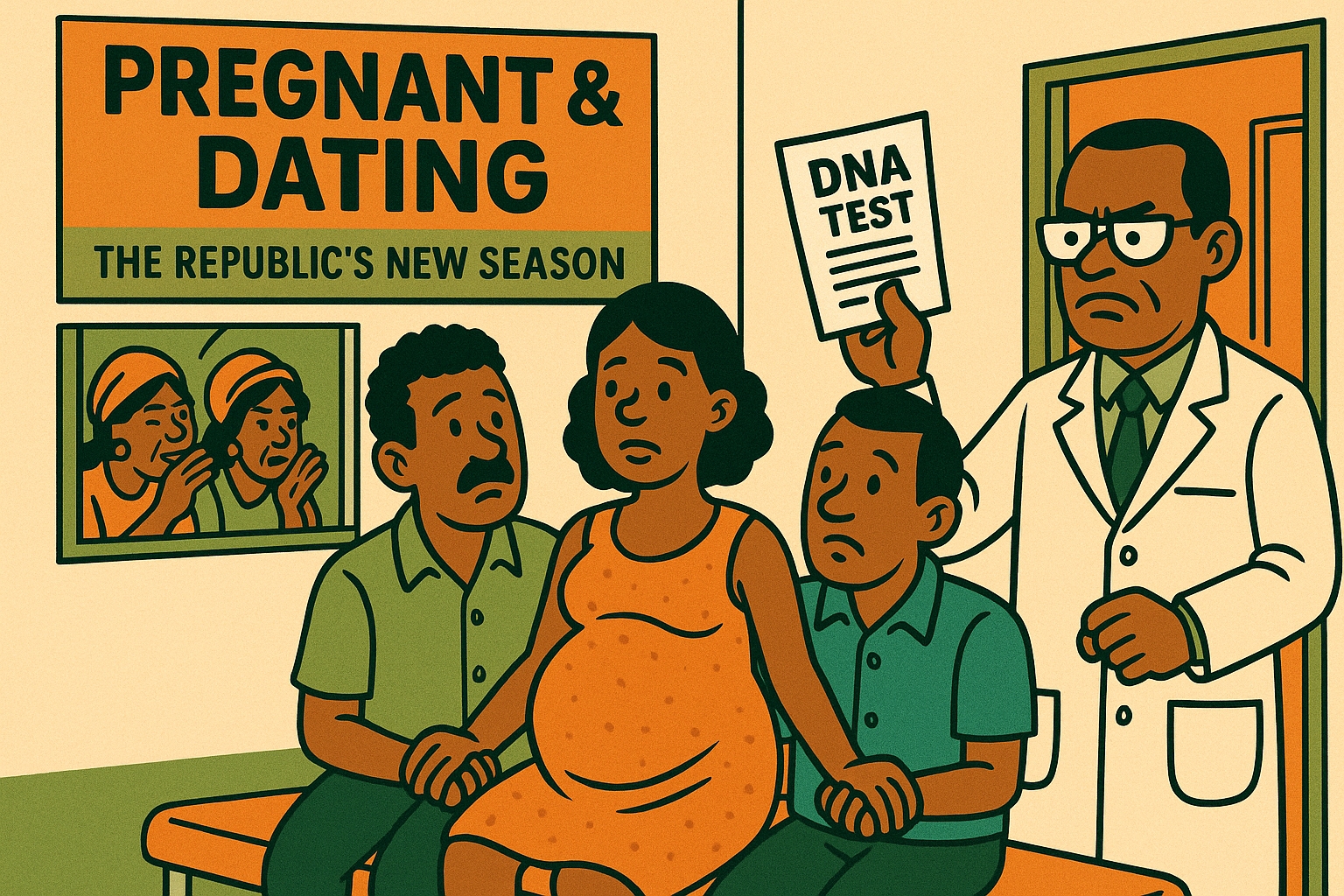 Pregnant and dating in Ghana cartoon: lab tech flashes a DNA 'red card' as a pregnant woman stands between two confused men; aunties gossip through a window.