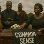 A solemn Ghanaian funeral scene where mourners dressed in black stand around a coffin draped with a banner that reads “COMMON SENSE.” The image symbolizes the death of common sense in society — a satirical commentary from the Republic of Uncommon Sense.
