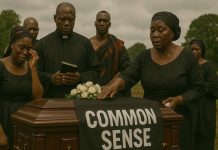 The Funeral of Common Sense A solemn Ghanaian funeral scene where mourners dressed in black stand around a coffin draped with a banner that reads “COMMON SENSE.” The image symbolizes the death of common sense in society — a satirical commentary from the Republic of Uncommon Sense.