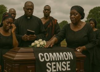 The Funeral of Common Sense A solemn Ghanaian funeral scene where mourners dressed in black stand around a coffin draped with a banner that reads “COMMON SENSE.” The image symbolizes the death of common sense in society — a satirical commentary from the Republic of Uncommon Sense.