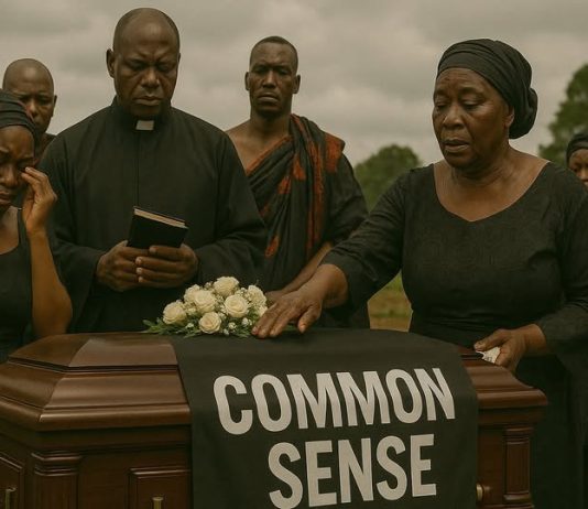 The Funeral of Common Sense A solemn Ghanaian funeral scene where mourners dressed in black stand around a coffin draped with a banner that reads “COMMON SENSE.” The image symbolizes the death of common sense in society — a satirical commentary from the Republic of Uncommon Sense.
