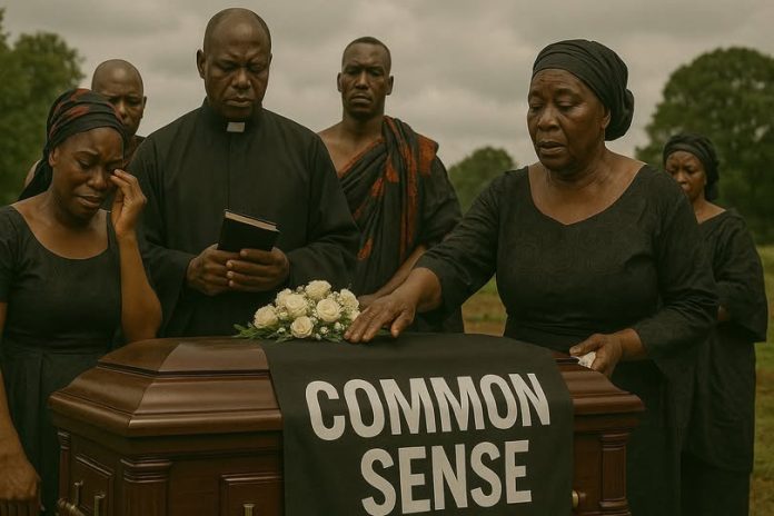 A solemn Ghanaian funeral scene where mourners dressed in black stand around a coffin draped with a banner that reads “COMMON SENSE.” The image symbolizes the death of common sense in society — a satirical commentary from the Republic of Uncommon Sense.