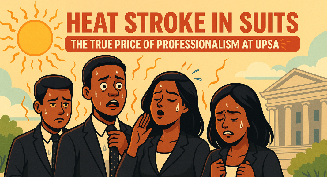 Cartoon of UPSA students in black suits and ties sweating under the blazing Ghanaian sun, looking exhausted and uncomfortable, with a Parliament-style building in the background — satirical illustration of the university’s dress code policy.
