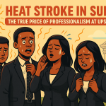 Heat Stroke in Suits: The True Price of Professionalism at UPSA Cartoon of UPSA students in black suits and ties sweating under the blazing Ghanaian sun, looking exhausted and uncomfortable, with a Parliament-style building in the background — satirical illustration of the university’s dress code policy.