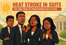 Heat Stroke in Suits: The True Price of Professionalism at UPSA Cartoon of UPSA students in black suits and ties sweating under the blazing Ghanaian sun, looking exhausted and uncomfortable, with a Parliament-style building in the background — satirical illustration of the university’s dress code policy.