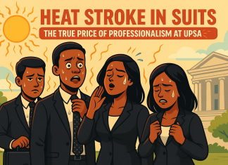 Heat Stroke in Suits: The True Price of Professionalism at UPSA Cartoon of UPSA students in black suits and ties sweating under the blazing Ghanaian sun, looking exhausted and uncomfortable, with a Parliament-style building in the background — satirical illustration of the university’s dress code policy.