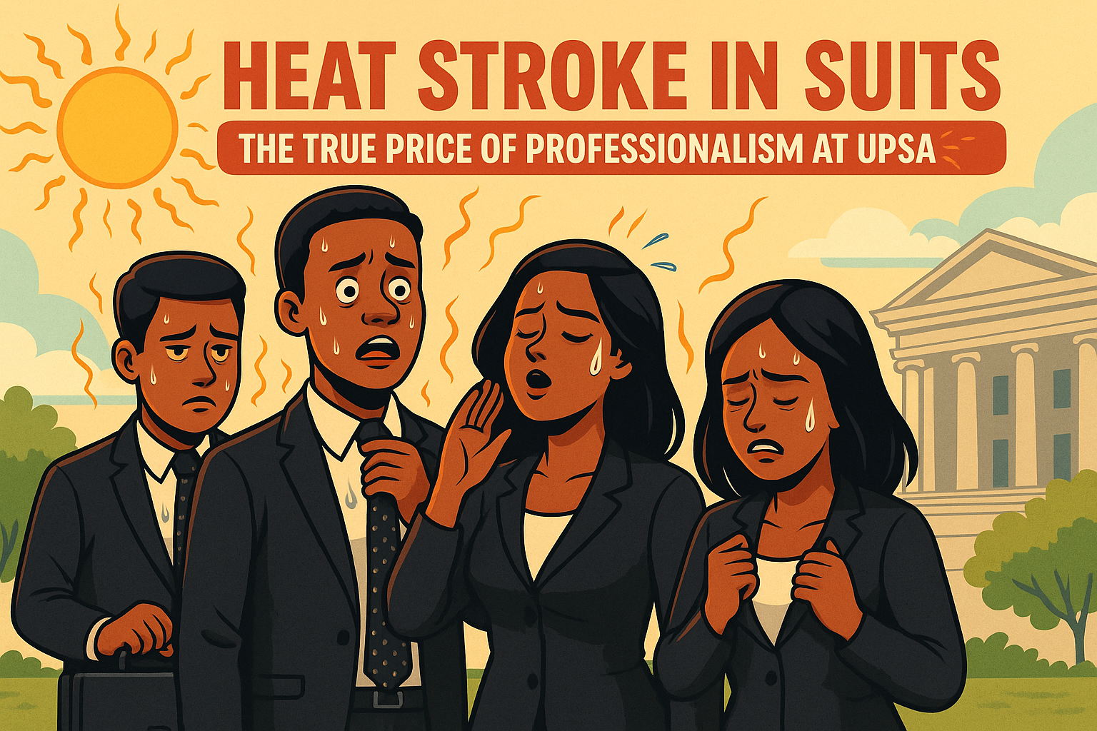 UPSA dress code satire cartoon showing students in suits and ties sweating under the Ghanaian sun with a Parliament-style building in the background.