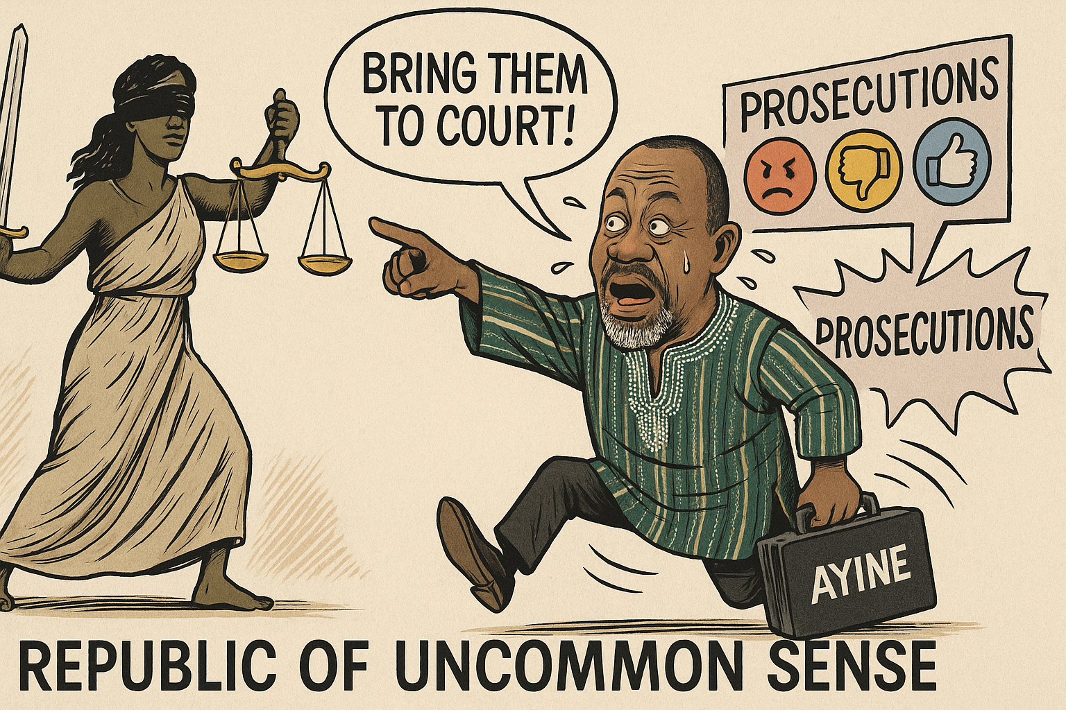 Dominic Ayine corruption satire banner: Ghana’s Attorney-General at a podium shouting ‘Bring them to court!’ while Lady Justice, a Black woman with scales, looks on — Republic of Uncommon Sense.