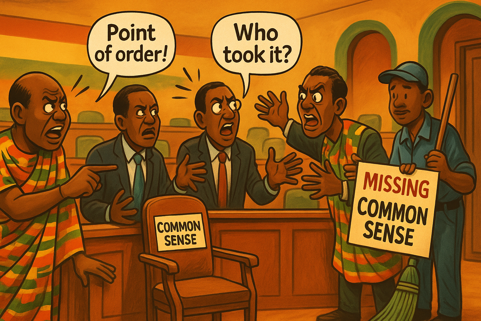 Common Sense Missing in Parliament cartoon illustration of Ghanaian MPs searching everywhere for their missing logic