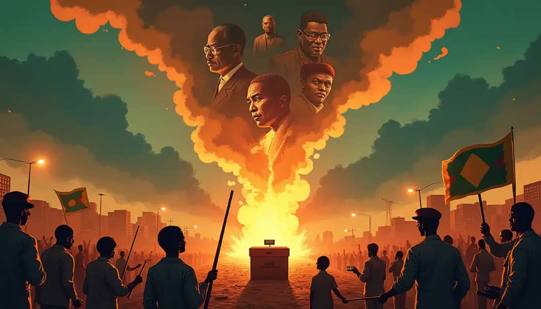 Protests after Tanzania election 2025 with smoke, riot police, and crowds in Dar es Salaam.