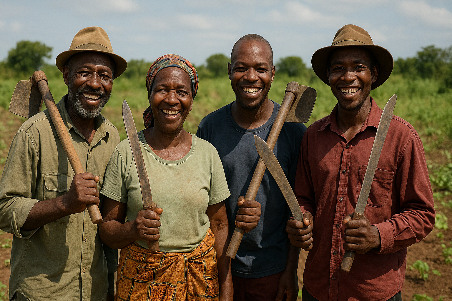 Ghanaian farmers smiling in a field with hoes and cutlasses
