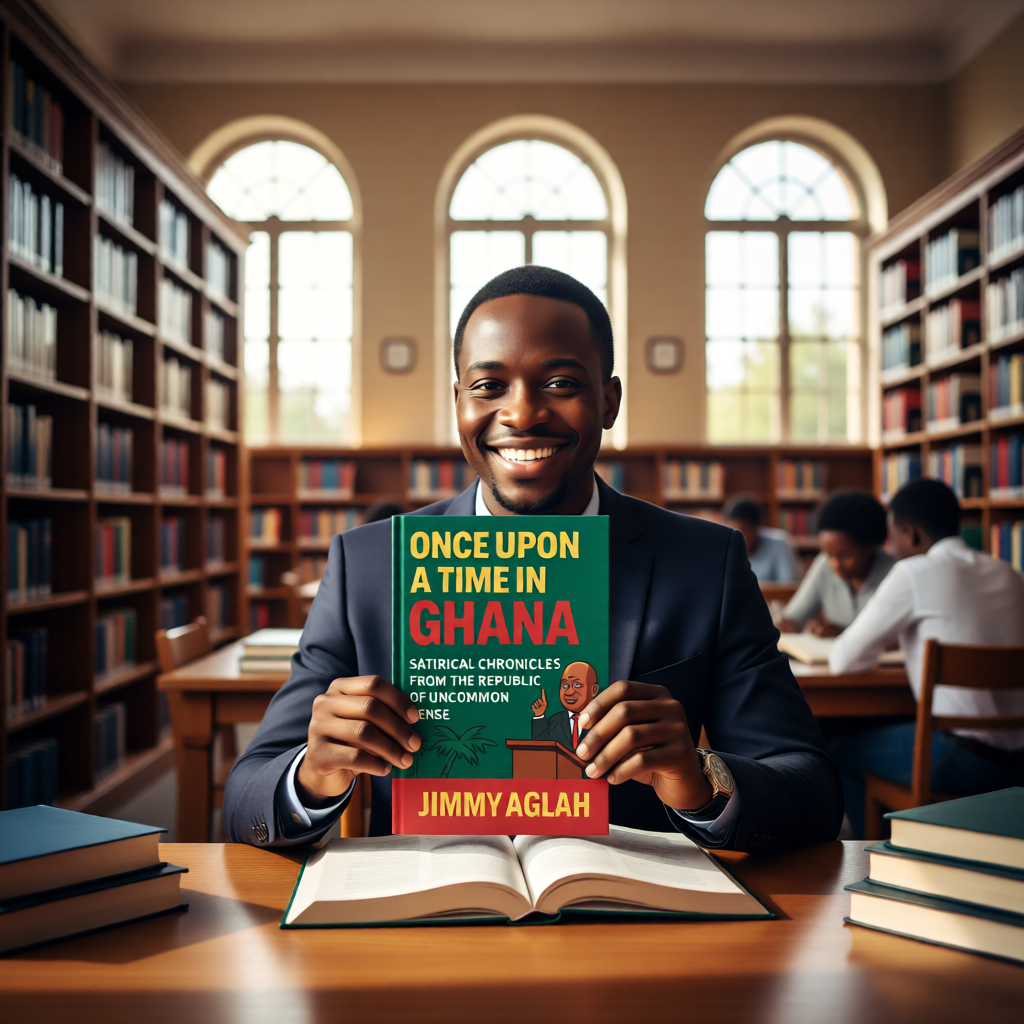 A student in a library holding the book Once Upon a Time in Ghana