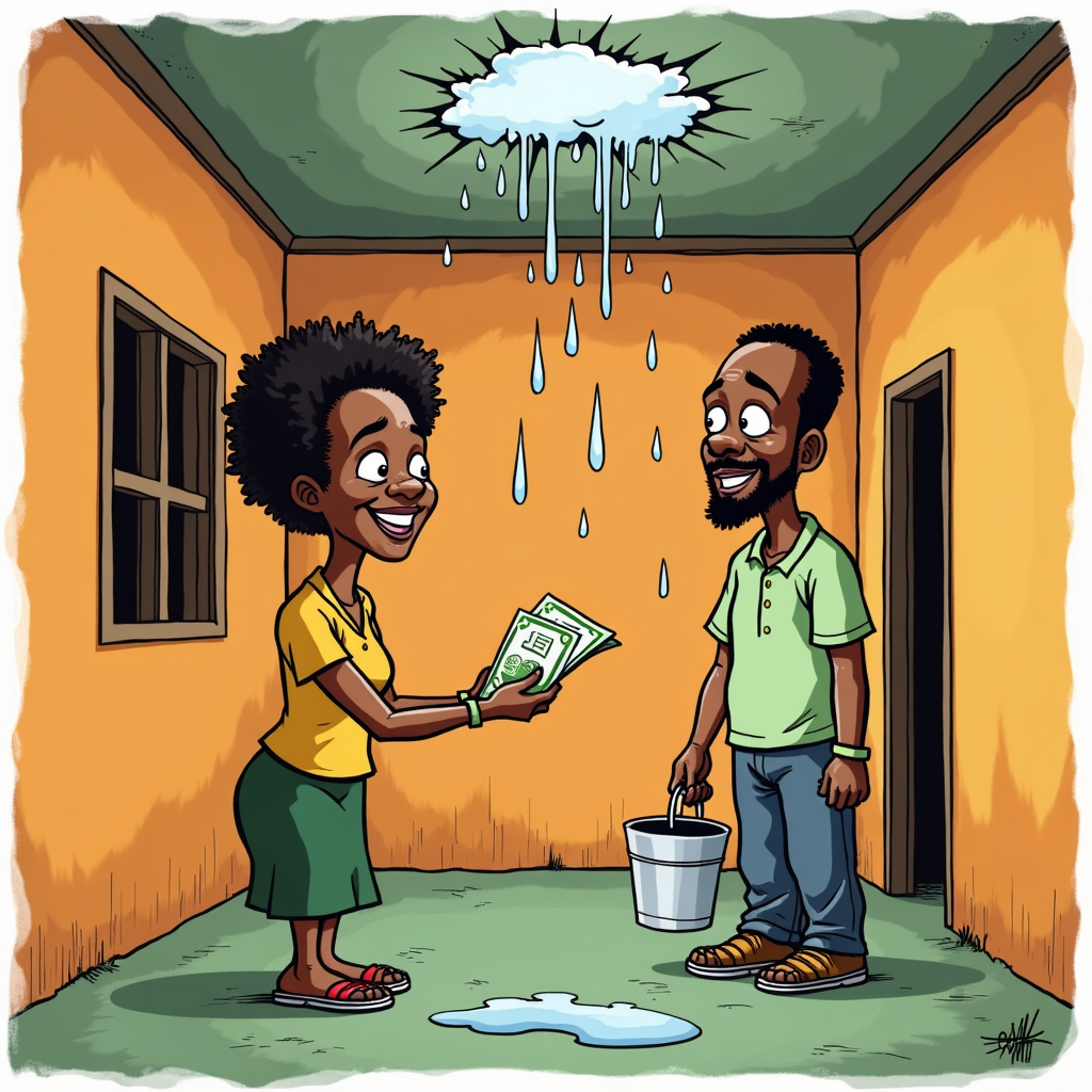 Landlord–tenant problems in Ghana illustrated through satire showing rent collection and neglected repairs