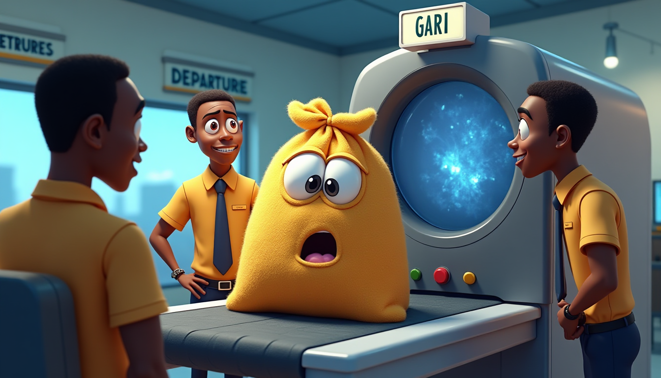 Kotoka gari satire illustration: sack of bagged gari at airport security scanner