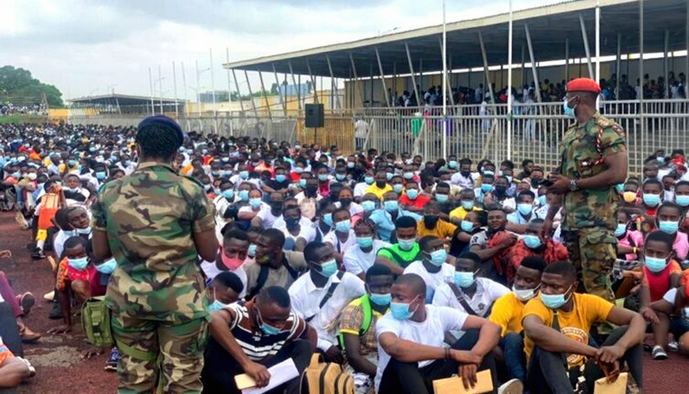Ghana security recruitment scandal showing thousands of applicants queuing while protocol candidates enter through a side door