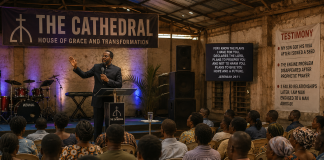 Thieves of the Cathedral: When the Warehouse Became the Cathedral Thieves of the Cathedral Episode 3 – Apostle Dr. B.K. Abotare preaching to the growing congregation inside the transformed warehouse in Adomkrom