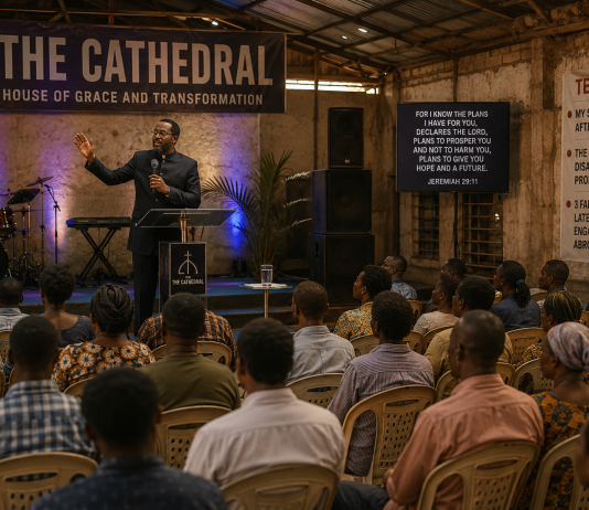Thieves of the Cathedral: When the Warehouse Became the Cathedral Thieves of the Cathedral Episode 3 – Apostle Dr. B.K. Abotare preaching to the growing congregation inside the transformed warehouse in Adomkrom